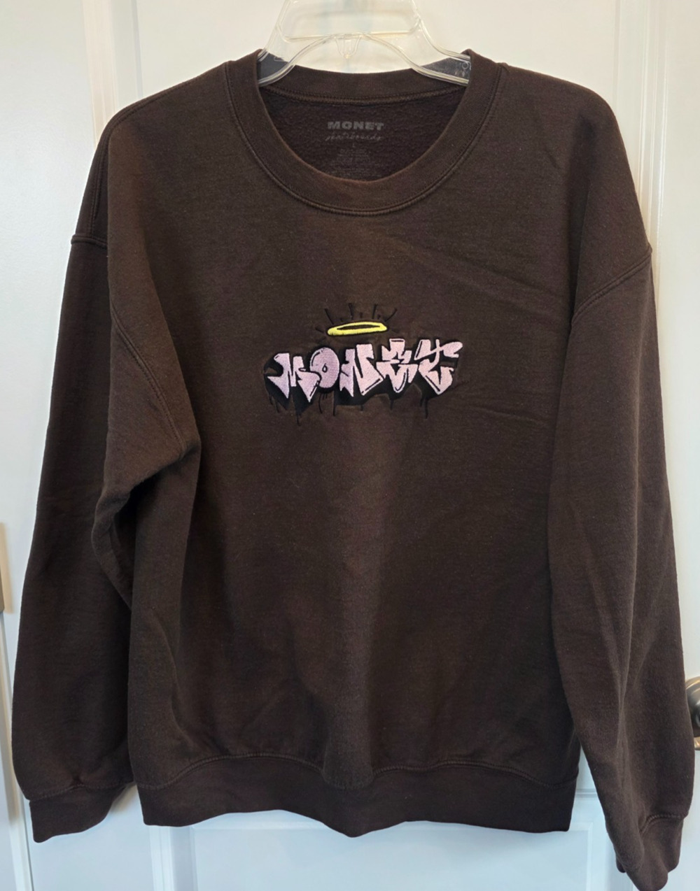 Monet Sweatshirt Streetwear Men's L Brown Graffiti Embroidered Crewneck Pullover